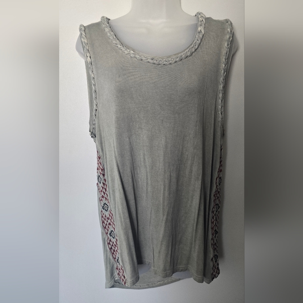 Y2K - POL Sleeveless Green BohoTop Rope Braided Trim Tunic Geometric sz LG
